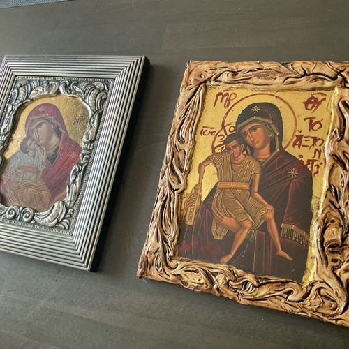 Orthodox icons of Virgin Mary with Child framed, used, set of two