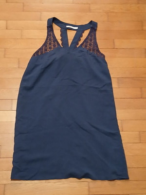 Miss K dark blue dress with lace shoulders and halter straps, size small, like new