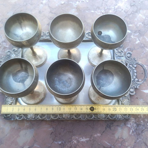 Silver-plated liqueur set used, 7 pieces vintage antique