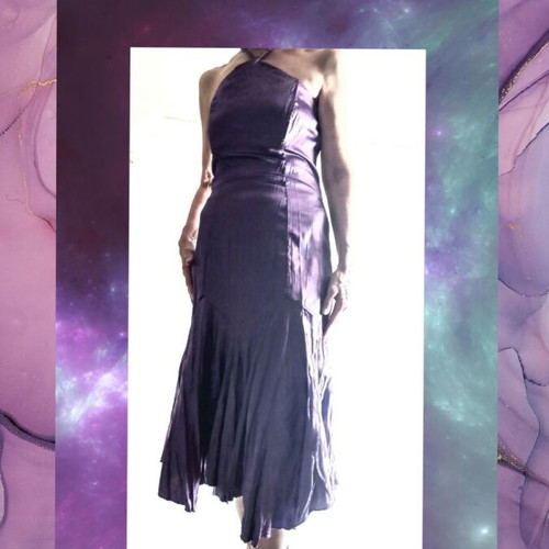 Satin dress medium purple used, halter neck, slightly elastic