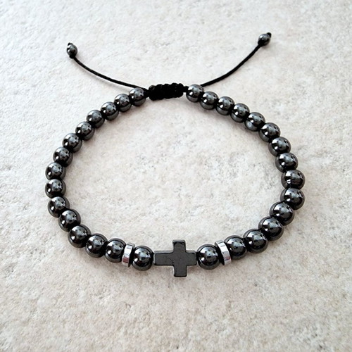 Men's bracelet with cross and black hematite stones, new