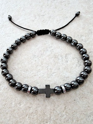 Βραχιόλι αντρικό με σταυρό και πέτρες αιματίτη μαύρο, καινούργιο
