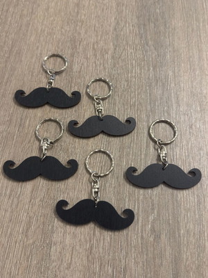 Mustache wooden keychains new, set of 5 with steel ring