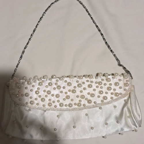 Handbag satin with pearls, formal, like new, white