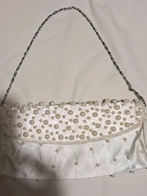 Handbag satin with pearls, formal, like new, white