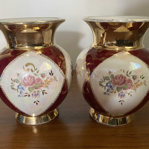 Set of 2 vintage porcelain vases used, handpainted with gold details