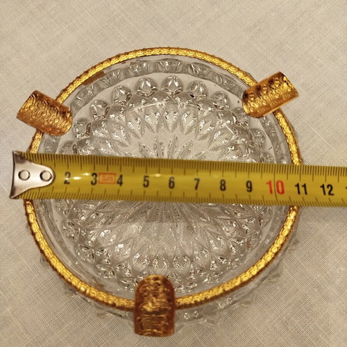 Vintage crystal ashtray with brass gold-plated rim, like new