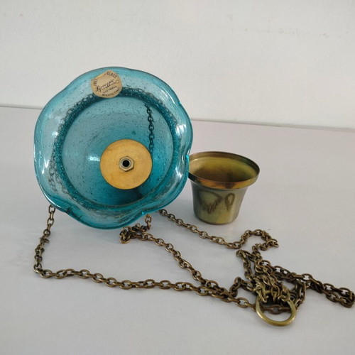 Hanging Oil Lamp Used, Free Blown Glass with Metal Chain