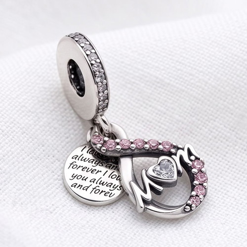 Pandora Mum Infinity Pavé Double Dangle Charm S925 ALE new, pink and silver