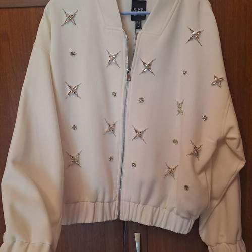 Access bomber jacket white, new, oversized fit with rhinestones