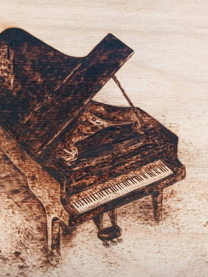 Pyrography piano new, handmade artwork on A4 wood with black frame