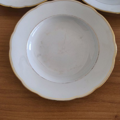 Soup plates set used, 3 pieces with gold details, Bavarian porcelain