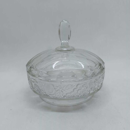 Crystal fondant dish with lid and embossed designs used 16x15.5cm