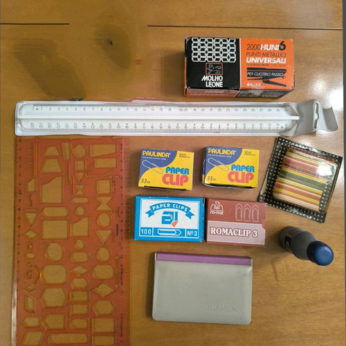 Office supplies new, small paper clips, ruler, ink pad, stencil