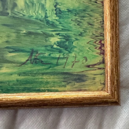 Abstract green landscape on canvas, like new, signed and framed