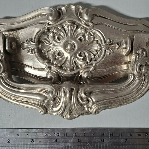 Large Italian door handle used, silver antique with embossed motifs