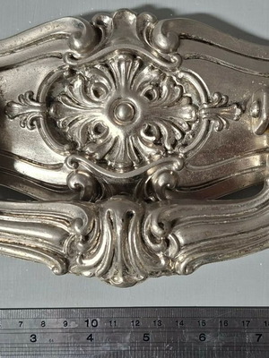 Large Italian door handle used, silver antique with embossed motifs