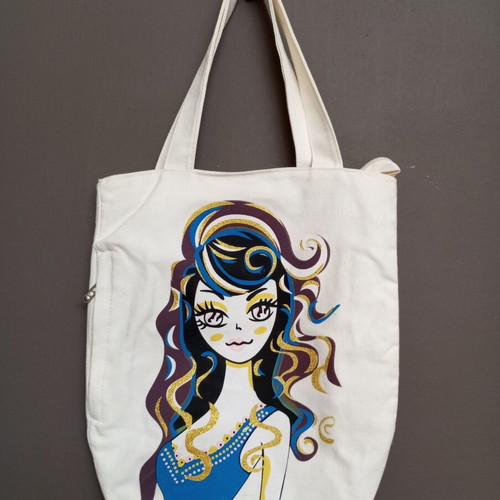 Canvas tote bag with zipper, shoulder bag, white with glitter illustration
