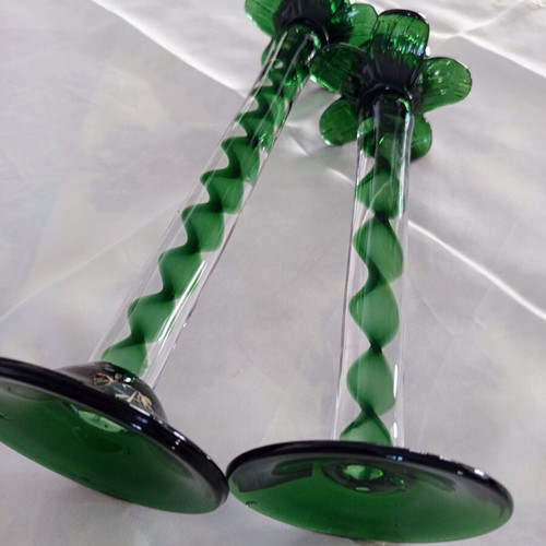 Pair of vintage Italian Capolavoro candlesticks used, handmade green glass
