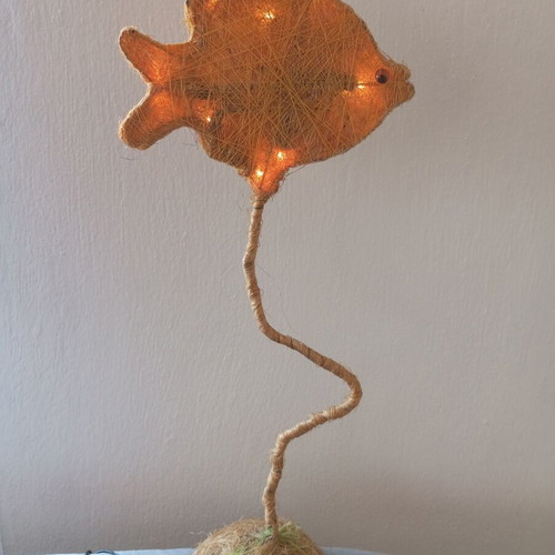 Handmade fish table lamp with rope, boho style