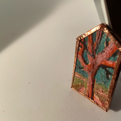 Unique hand-painted pin, wood with copper and leather, new