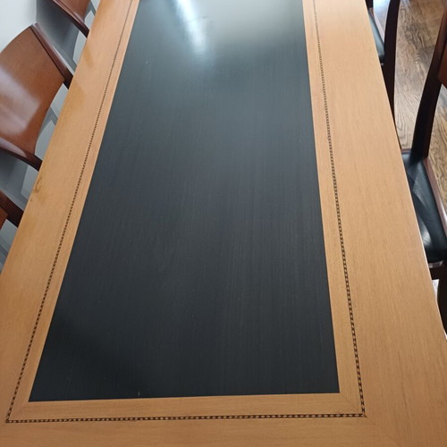 Marquetry dining set with 6 solid wood chairs by Varagki like new, 210×95