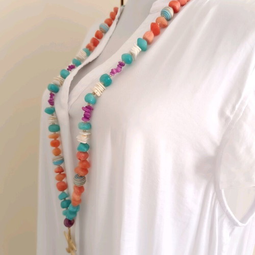 Long summer necklace with starfish, shells & semi-precious stones