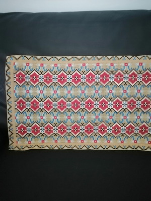 Handmade table runner with geometric embroidery on beige canvas, like new