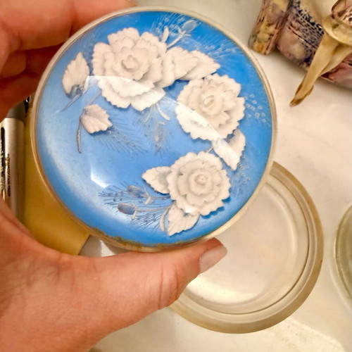 Vintage glass powder box used with embossed floral design