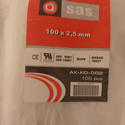 SAS white cable ties 100x2.5 mm, pack of 5x100 pieces, new
