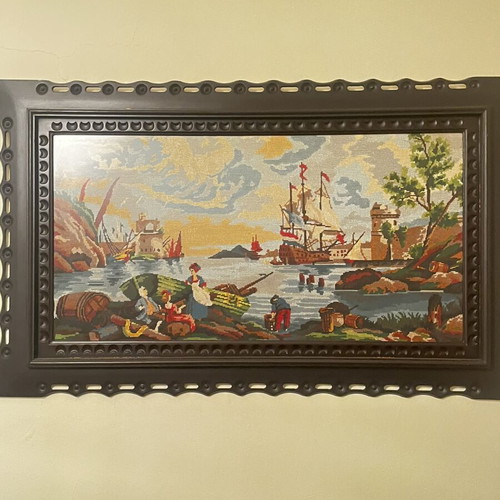 Vintage tapestry embroidery framed artwork 1970s