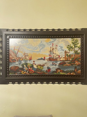 Vintage tapestry embroidery framed artwork 1970s