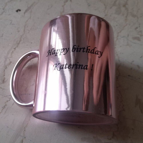 Pink metallic mug with "happy birthday Katerina" inscription, like new