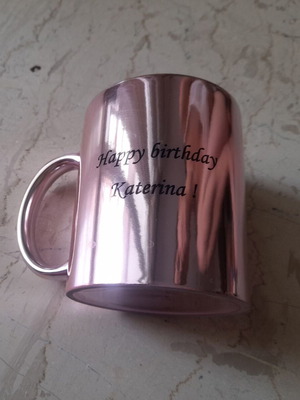 Pink metallic mug with "happy birthday Katerina" inscription, like new