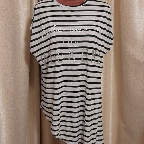 Peacocks asymmetrical striped blouse like new, black and grey