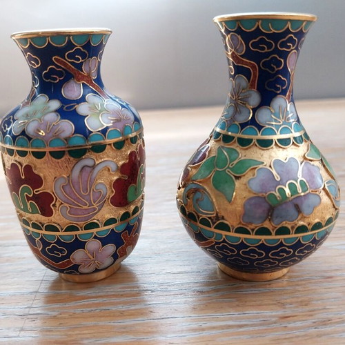 Cloisonné Miniature Vases Pair like new, enamel and bronze