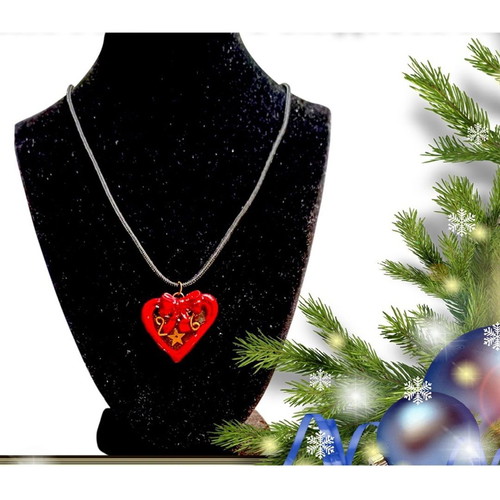 Handmade 2026 lucky charm necklace with heart of polymer clay and resin on black cord