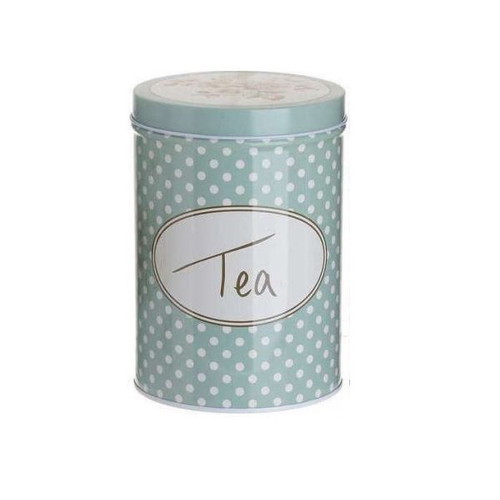 Metal tea tin like new veraman-white polka dot with floral lid