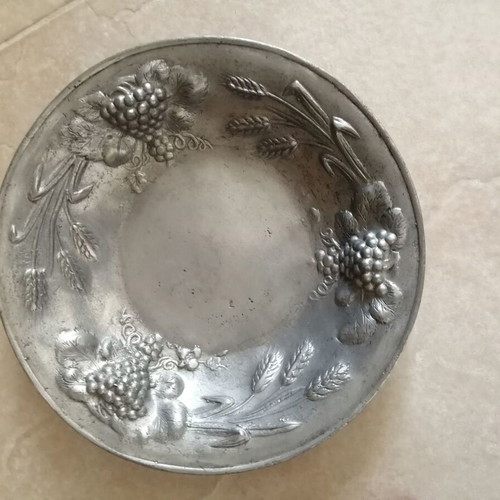 Vintage Pewter Decorative Bowl with Grapes and Wheat Motifs, Like New