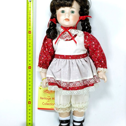 Vintage Heritage Mint Porcelain Doll 1990 Red White Floral Dress