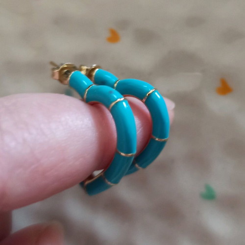 Heart-shaped steel earrings in turquoise and gold color, like new