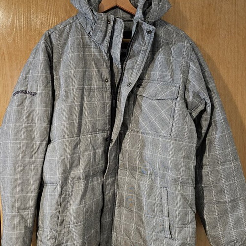 Quiksilver men's grey checkered winter jacket with removable hood