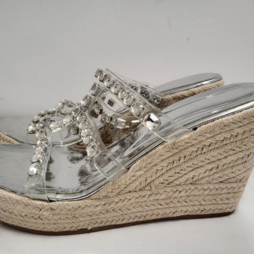 Platform espadrille sandals like new, silver with crystals