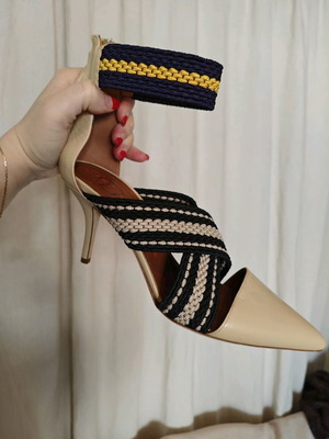 Malone Souliers x Roksanda Dana pumps used, beige leather with multicolor braided elastic