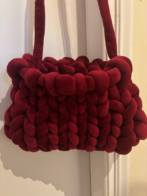 Handmade knitted shoulder bag red burgundy with long handle new