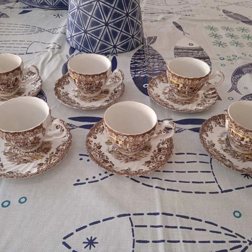 Vintage coffee set Coaching Scenes by Johnson Bros, iron stone, like new