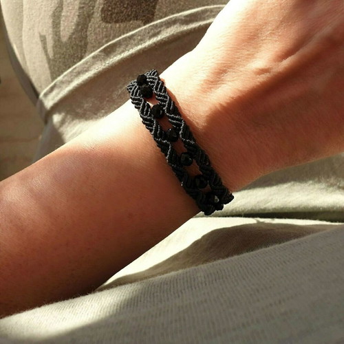 Black Addiction bracelet handmade macrame black with crystal beads new