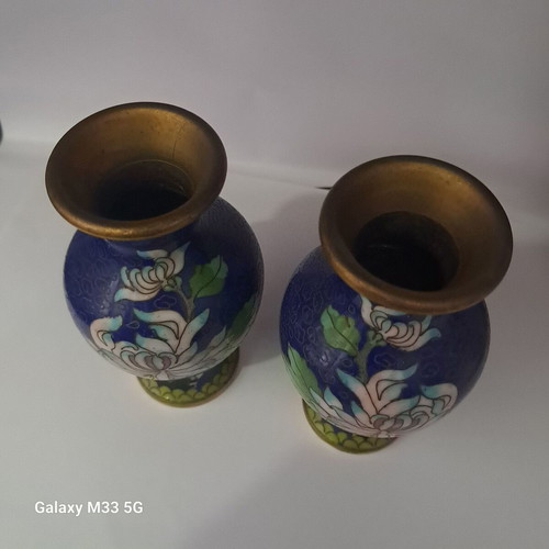 Pair of vintage cloisonné vases with floral design