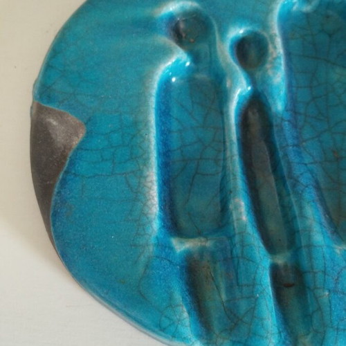Ashtray with Family Design Raku Technique 19cm New
