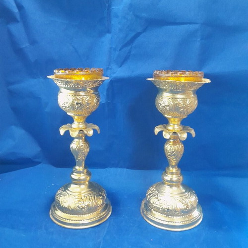 Set of gilded altar candles new for holy table